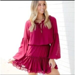 Buddy Love Zozo‎ Burgundy Elastic Waist Ruffle Bottom  Tie Neck Mini Dress Sz XS